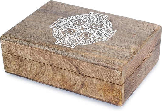 Ajuny Handmade Decorative Wooden Jewelry Box Celtic Cross Design Multipurpose Treasure Chest Storage Organizer Trinket keepsake Necklaces Watch Boxes, Great Gifts - 8x5 Inch