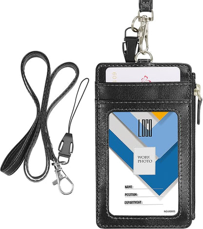 Badge Holder with Zipper, Wisdompro School Supply 2-Sided PU Leather College ID Badge Holder with 1 ID Window, 4 Card Holder Slots, 1 Side Pocket and 20 Inch Leather Neck Strap Lanyard -Vertical Black