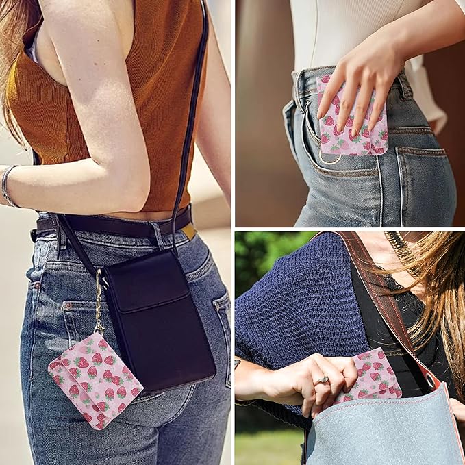 Women Small Wallet RFID Blocking Slim Wallet with Coin Pocket Tri-Fold Credit Card Holder with ID Window and Keychain (Strawberry)