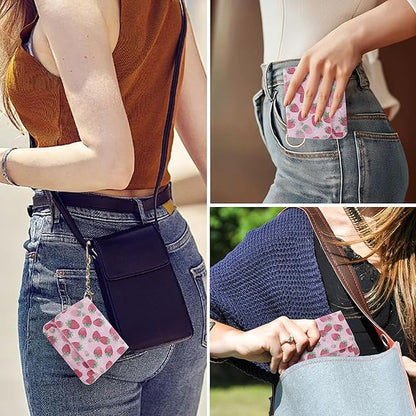 Women Small Wallet RFID Blocking Slim Wallet with Coin Pocket Tri-Fold Credit Card Holder with ID Window and Keychain (Strawberry)