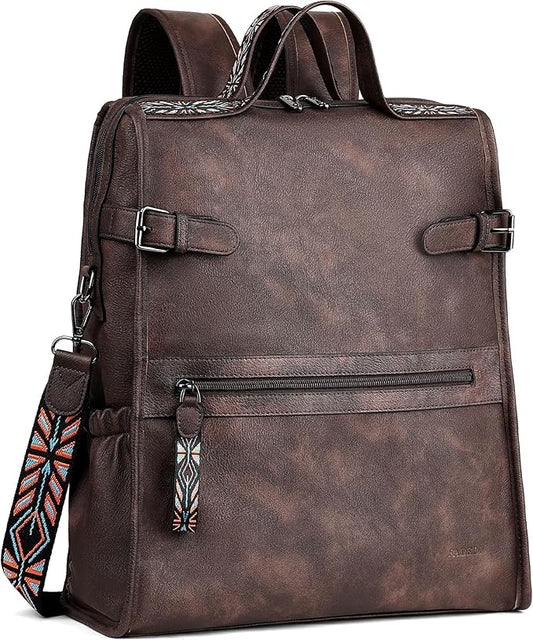 FADEON Leather Laptop Backpack for Women, Designer Ladies Work Travel Computer Backpack with Laptop Compartment Coffee Brown