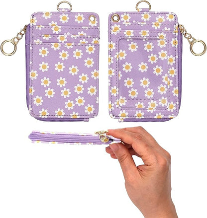 MONDO DESIGNS 2-in-1 ID Badge Holder & Lanyard Wallet - Multi-Use Womens Small Wallet with Removable Wristlet & Neck Lanyard, Clear Window, 5 Card Slots, Phone Holder, Ring Keychain - Purple Daisies