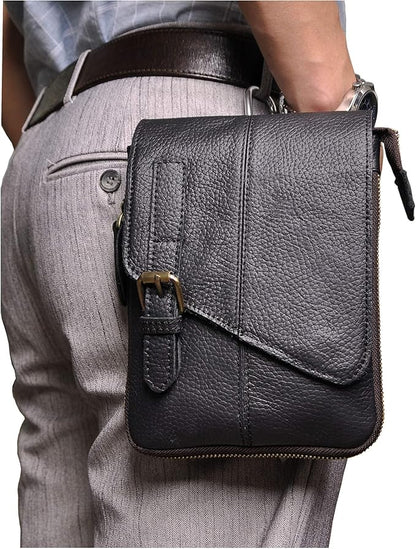 Le'aokuu Mens Genuine Leather Small Messenger Shoulder Satchel Phone Pouch Belt Waist Bag Pack
