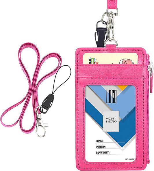 Badge Holder with Zip, Wisdompro Double Sided PU Leather ID Badge Card Holder Wallet Case with 5 Card Slots, 1 Side Zipper Pocket and 20 Inch Leather Neck Lanyard/Strap - Hot Pink (Vertical)