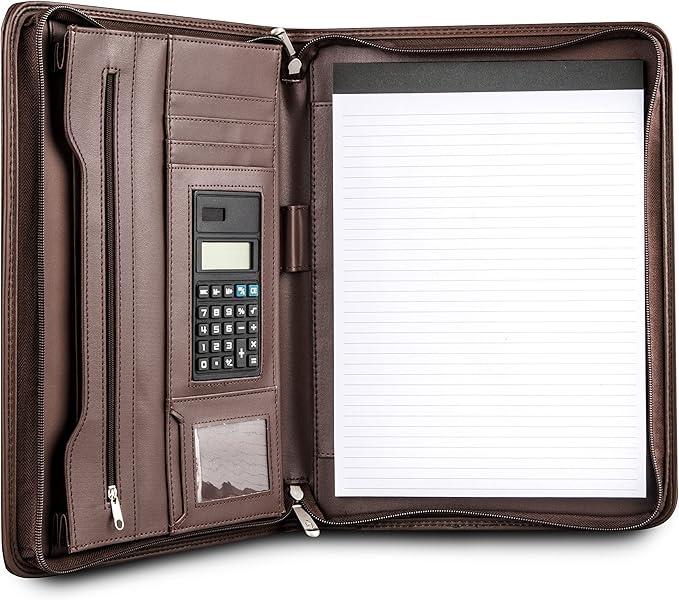 Cossini Premium Business Portfolio with Zipper – Padfolio - Superior Business Impressions Begin with PU Vegan Leather, 10.1 Inch Tablet Sleeve, Smart Storage, Solar Calculator, Writing Pad -Brown