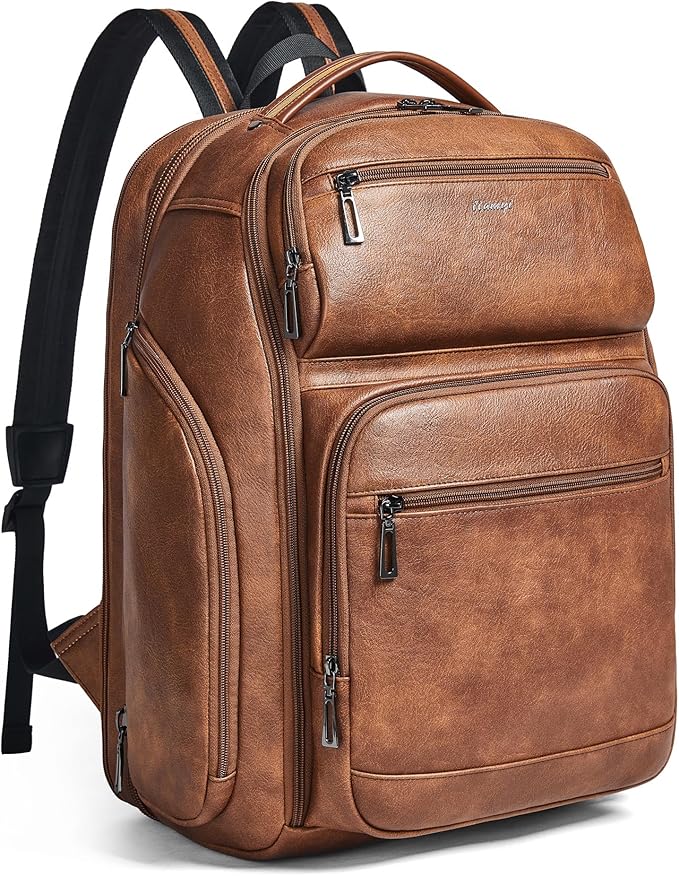 Vegan Leather Backpack, 40L Expandable, TSA Travel Backpack for Men and Women, Fits 17.0 Inch Notebook with Luggage Strap and USB Port, Brown