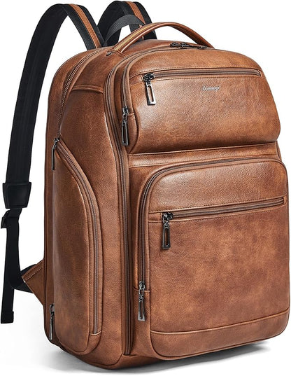 Vegan Leather Backpack, 40L Expandable, TSA Travel Backpack for Men and Women, Fits 17.0 Inch Notebook with Luggage Strap and USB Port, Brown