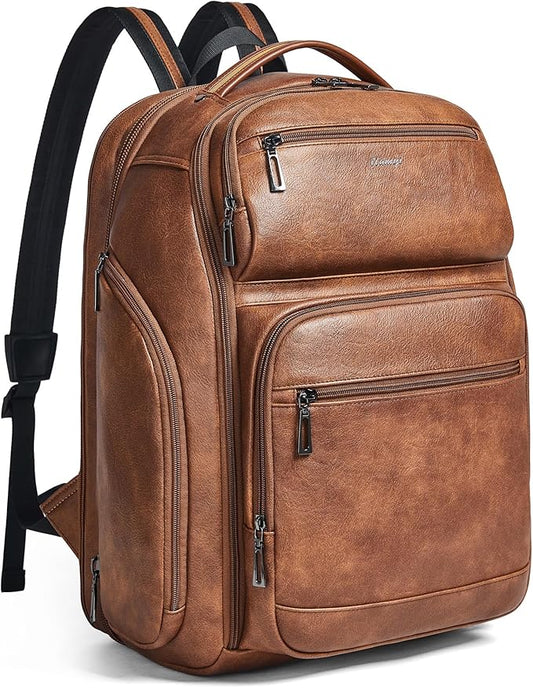 Vegan Leather Backpack, 40L Expandable, TSA Travel Backpack for Men and Women, Fits 17.0 Inch Notebook with Luggage Strap and USB Port, Brown
