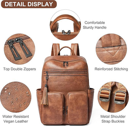 Shrrie Laptop Backpack for Women 16 Inch,Vegan Leather Travel Backpack Purse Work Business Computer Backpacks Teacher Nurse College Laptop Bookbag Casual Daypack,Two-toned Brown