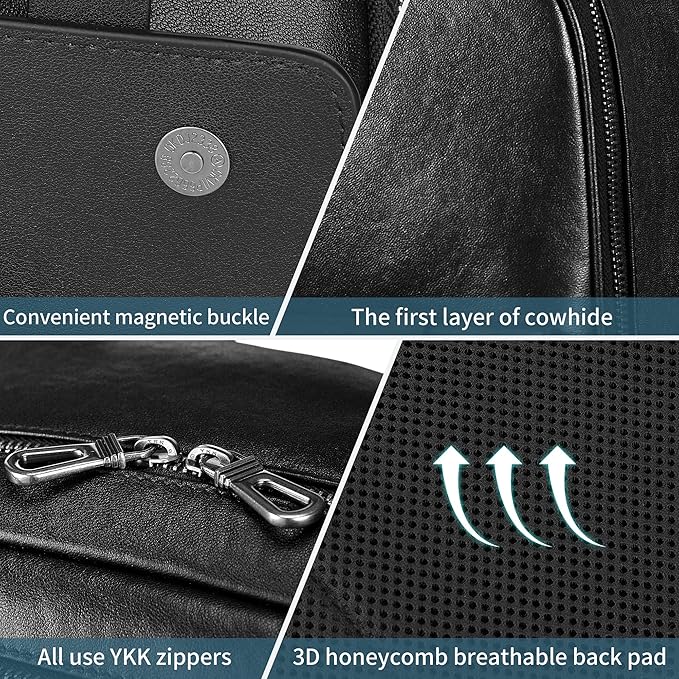Colins Keirs Men's Black Leather Backpack for Work Travel, Durable Genuine Leather Laptop Backpack with 15.6-inch Computer Compartment, Stylish Professional Designer