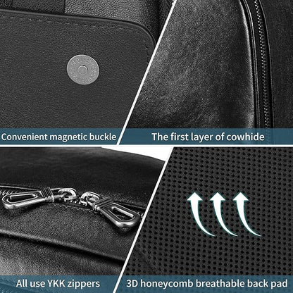 Colins Keirs Men's Black Leather Backpack for Work Travel, Durable Genuine Leather Laptop Backpack with 15.6-inch Computer Compartment, Stylish Professional Designer