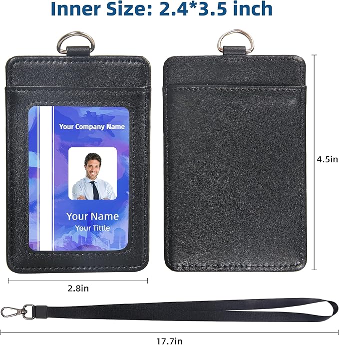 Leather Badge Holder with Adjustable Lanyards,Swivel Metal Clasp for Offices, Staff, Students, Employees(Black)