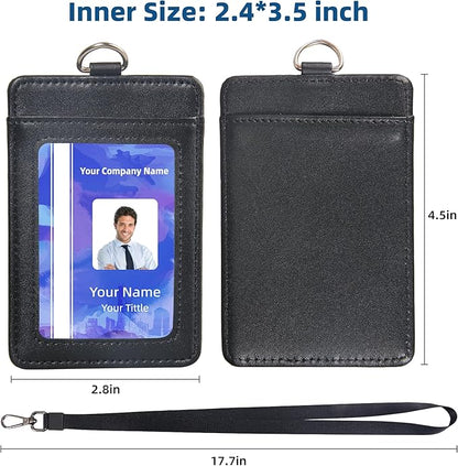 Leather Badge Holder with Adjustable Lanyards,Swivel Metal Clasp for Offices, Staff, Students, Employees(Black)