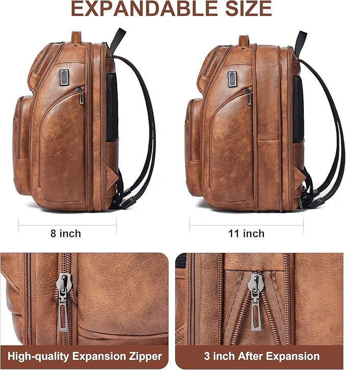 Vegan Leather Backpack, 40L Expandable, TSA Travel Backpack for Men and Women, Fits 17.0 Inch Notebook with Luggage Strap and USB Port, Brown