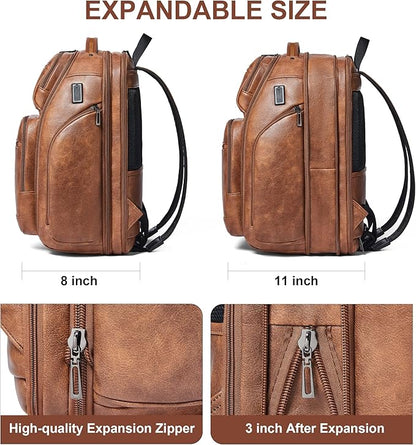 Vegan Leather Backpack, 40L Expandable, TSA Travel Backpack for Men and Women, Fits 17.0 Inch Notebook with Luggage Strap and USB Port, Brown