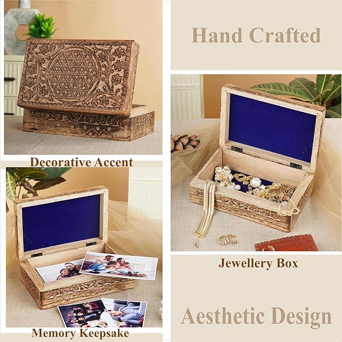 Ajuny Wooden Hand Carved Jewelry Box - Mango Wood Celtic Flower Carving Decorative Keepsake Box, Memory Box Organizer Travel Treasure Chest Trinket Holder Case Great Gifts 8x5 Inch