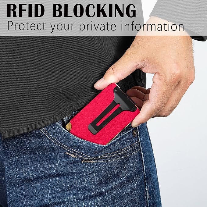 Slim Wallet for Men,RFID Blocking Minimalist Metal Wallet, Money Clip/Cash Holder, Front Pocket Aluminum Credit Card Holder, Ideal Gift for Men,Matt Red