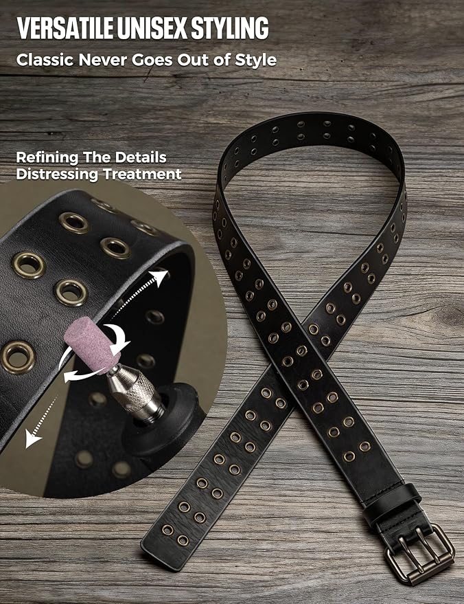 1.5" Double Hole Full Grain Leather Belt - Vintage Distressed Casual Belt for Men Women with Double Prong Buckle
