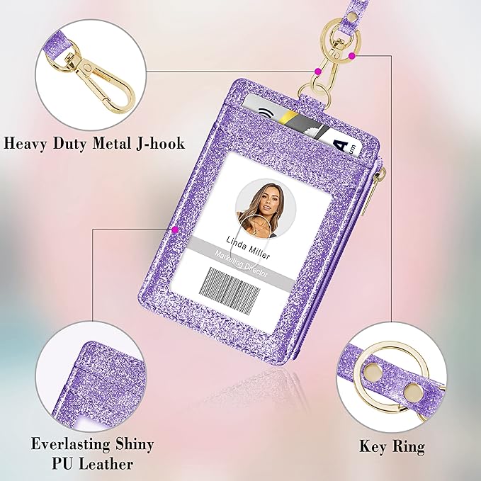 ID Badge Holder with Lanyard, Vertical Bling Shiny ID Badge Card Holder with 1 Clear ID Window, 4 Credit Card Slots, 1 Cash Coin Slot and a Detachable Neck Lanyard (Bling Purple)