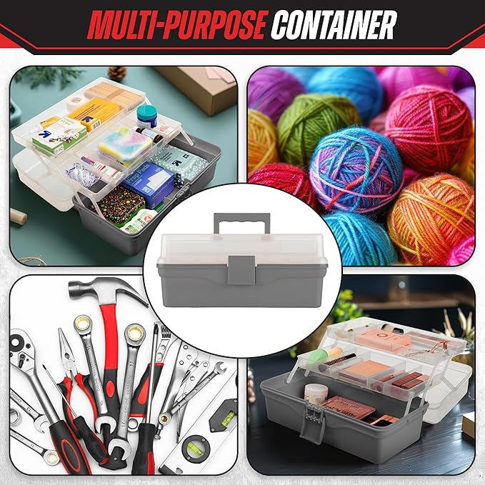 Stalwart - 14” Plastic Tackle Box Organizer - 3-Layer Portable Sewing Box, Art Caddy, Craft Storage, First Aid Medicine Utility Toolbox or Hair Accessories Organizer with Latch and Handle (Gray)