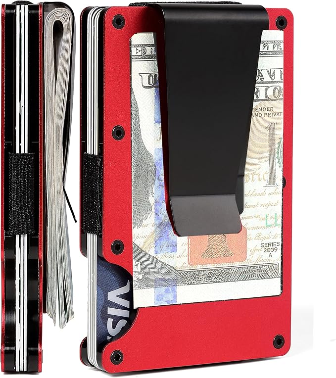 Minimalist Slim Wallet for Men,RFID Blocking Metal Wallet,Aluminum Credit Card Holder & Money Clip 12-15 Cards,Slim Rfid Front Pocket Mens Wallet,Matt Red