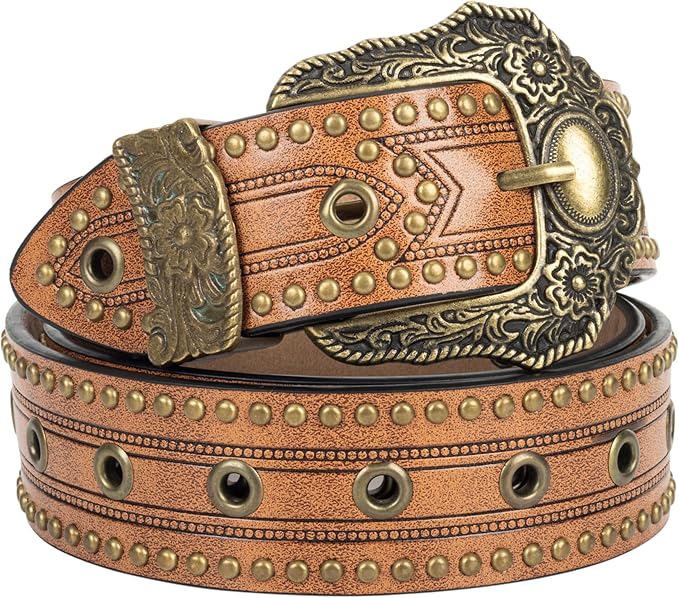 Mealah Vintage Western-Cowboy-Belt for Women Men - Carved Buckle PU Leather Waist Belts (for Waist 28"-38")
