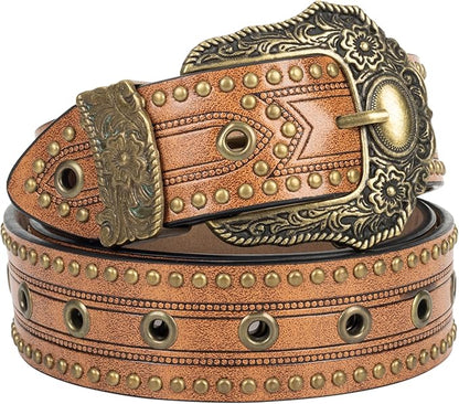 Mealah Vintage Western-Cowboy-Belt for Women Men - Carved Buckle PU Leather Waist Belts (for Waist 28"-38")