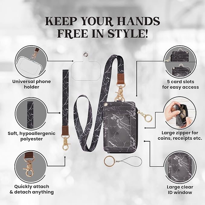 MONDO DESIGNS 2-in-1 ID Badge Holder & Lanyard Wallet - Multi-Use Womens Small Wallet with Removable Wristlet & Neck Lanyard, Clear Window, 5 Card Slots, Phone Holder, Ring Keychain - Black Marble