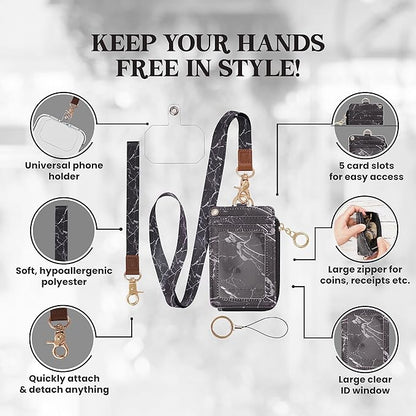 MONDO DESIGNS 2-in-1 ID Badge Holder & Lanyard Wallet - Multi-Use Womens Small Wallet with Removable Wristlet & Neck Lanyard, Clear Window, 5 Card Slots, Phone Holder, Ring Keychain - Black Marble