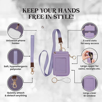MONDO DESIGNS 2-in-1 ID Badge Holder & Lanyard Wallet - Multi-Use Womens Small Wallet with Removable Wristlet & Neck Lanyard, Clear Window, 5 Card Slots, Phone Holder, Ring Keychain - Purple