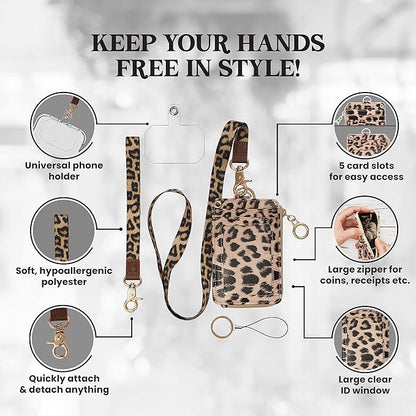 MONDO DESIGNS 2-in-1 ID Badge Holder & Lanyard Wallet - Multi-Use Womens Small Wallet with Removable Wristlet & Neck Lanyard, Clear Window, 5 Card Slots, Phone Holder, Ring Keychain - Leopard