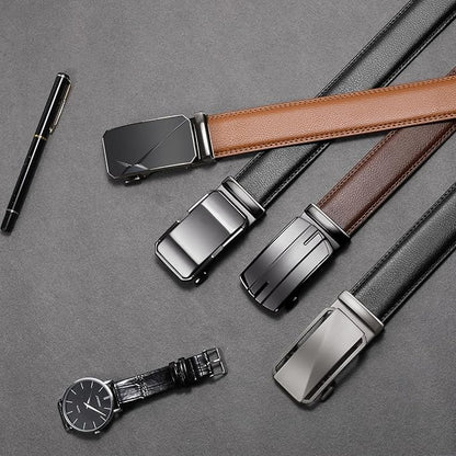 SENDEFN Men's Leather Belt Automatic Ratchet Buckle Slide Belt for Dress Casual Trim to Fit with Gift Box