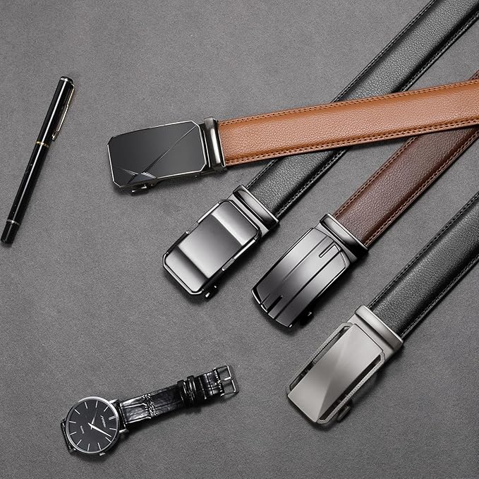 SENDEFN Men's Leather Belt Automatic Ratchet Buckle Slide Belt for Dress Casual Trim to Fit with Gift Box