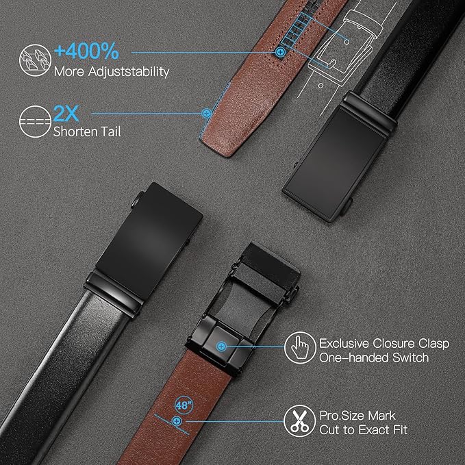 SENDEFN Men's Leather Belt Automatic Ratchet Buckle Slide Belt for Dress Casual Trim to Fit with Gift Box