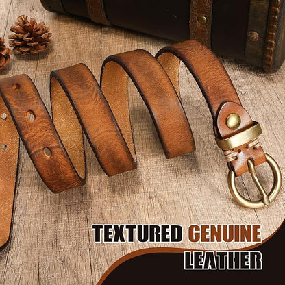 SANSTHS Womens Genuine Leather Belts for Jeans Pants Trendy Vintage Thin Leather Belt Gold Buckle Ladies Skinny Waist Belt