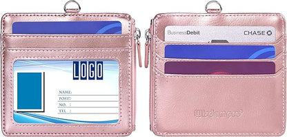 Badge Holder with Zip, Wisdompro 2-Sided PU Leather ID Badge Holder with 1 ID Window, 4 Card Slots, 1 Side Zipper Pocket and 1 piece 20 Inch Leather Neck Lanyard Strap - Rose Gold (Horizontal)