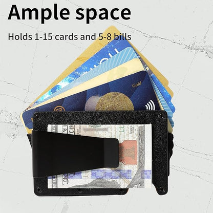 Minimalist Slim Wallet for Men,RFID Blocking Metal Wallet,Aluminum Credit Card Holder & Money Clip 12-15 Cards,Slim Rfid Front Pocket Mens Wallet,Leather Black