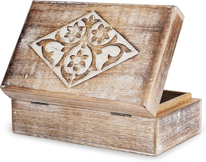 Ajuny Wooden Jewelry Box floral and Diamond Carvings Handmade Decorative Brown and White Storage Box Multipurpose Organizer Trinket Holder Case Unique Gifts for Men & Women