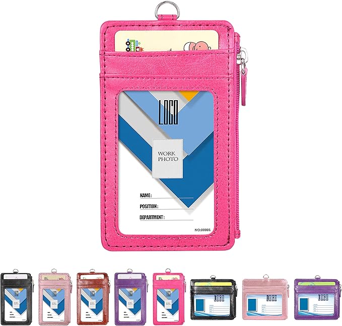 Badge Holder with Zip, Wisdompro Double Sided PU Leather ID Badge Card Holder Wallet Case with 5 Card Slots, 1 Side Zipper Pocket and 20 Inch Leather Neck Lanyard/Strap - Hot Pink (Vertical)