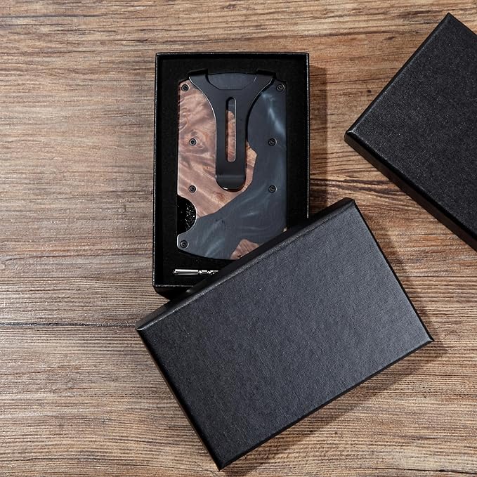 Slim Wallet for Men,RFID Blocking Minimalist Metal Wallet, Money Clip/Cash Holder, Front Pocket Aluminum Credit Card Holder, Ideal Gift for Men,Resin Black-Wood