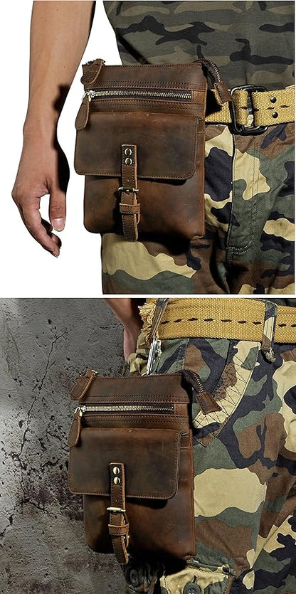 Le'aokuu Mens Genuine Leather Small Messenger Shoulder Satchel Phone Pouch Belt Waist Bag Pack