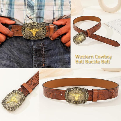 Western Cowboy-Belts for Men Big-Buckle Longhorn-Bull PU-Leather Rodeo Cowgirl-Belt Engraved Floral - Waist 25-38"