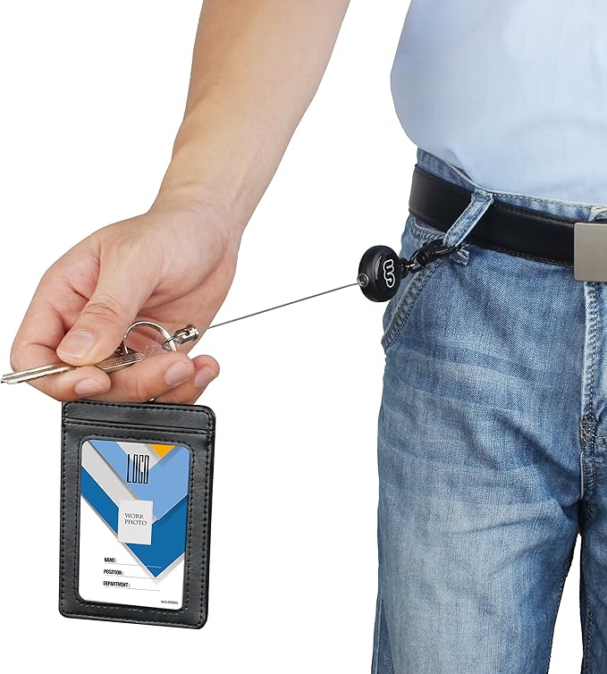 Wisdompro ID Badge Holder with Retractable Keychain, 2-Sided PU Leather Pass Card Holder with 2 Card Slots and Badge Reel for Work, School, Metro, Bus, Access Card - Black, Vertical
