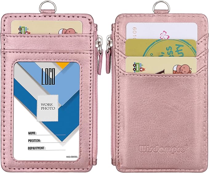 Badge Holder with Zip, Wisdompro Double Sided PU Leather ID Badge Card Holder Wallet Case with 5 Card Slots, 1 Side Zipper Pocket and 20 Inch Leather Neck Lanyard/Strap - Rose Gold (Vertical)