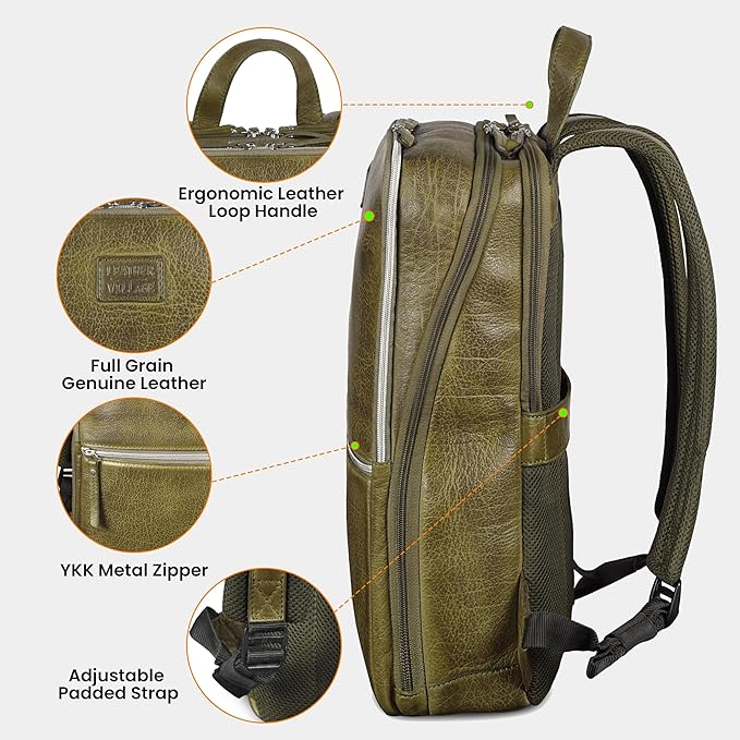 LEATHER VILLAGE Leather Laptop Backpack for Men | Olive | Slim Professional Business Bag Fits 15.6”-Laptop | Water-Repellent Work & Travel Daypack with Trolley Strap