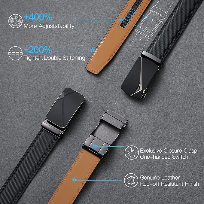 SENDEFN Men's Leather Belt Automatic Ratchet Buckle Slide Belt for Dress Casual Trim to Fit with Gift Box