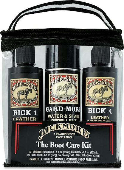Leather Boot Care Kit - Bick 1 Cleaner, Bick 4 Conditioner, Gard-More Water Repellent Spray & Cloth - Made in USA - Shoe Care Set for Cowboy Boots, Work Boots, Furniture, Bags, Purses, Jackets, & Tack