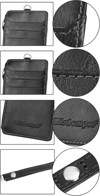 Badge Holder with Zipper, Wisdompro School Supply 2-Sided PU Leather College ID Badge Holder with 1 ID Window, 4 Card Holder Slots, 1 Side Pocket and 20 Inch Leather Neck Strap Lanyard -Vertical Black