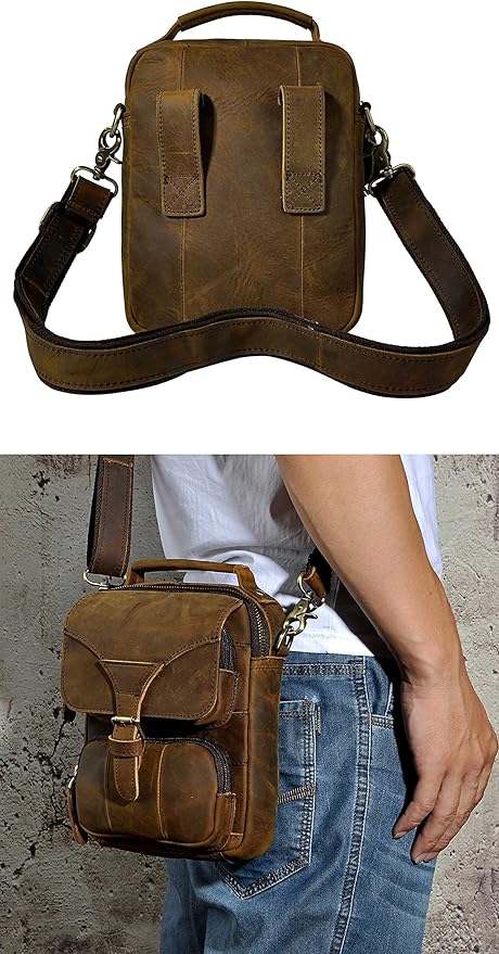 Le'aokuu Mens Genuine Leather Small Messenger Shoulder Satchel Phone Pouch Belt Waist Bag Pack