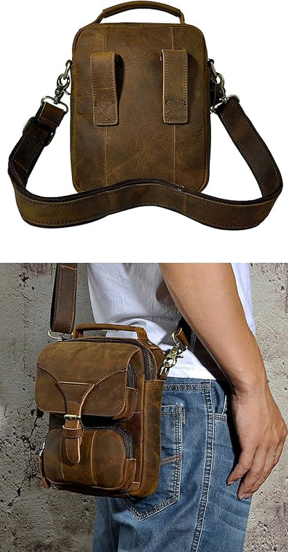Le'aokuu Mens Genuine Leather Small Messenger Shoulder Satchel Phone Pouch Belt Waist Bag Pack